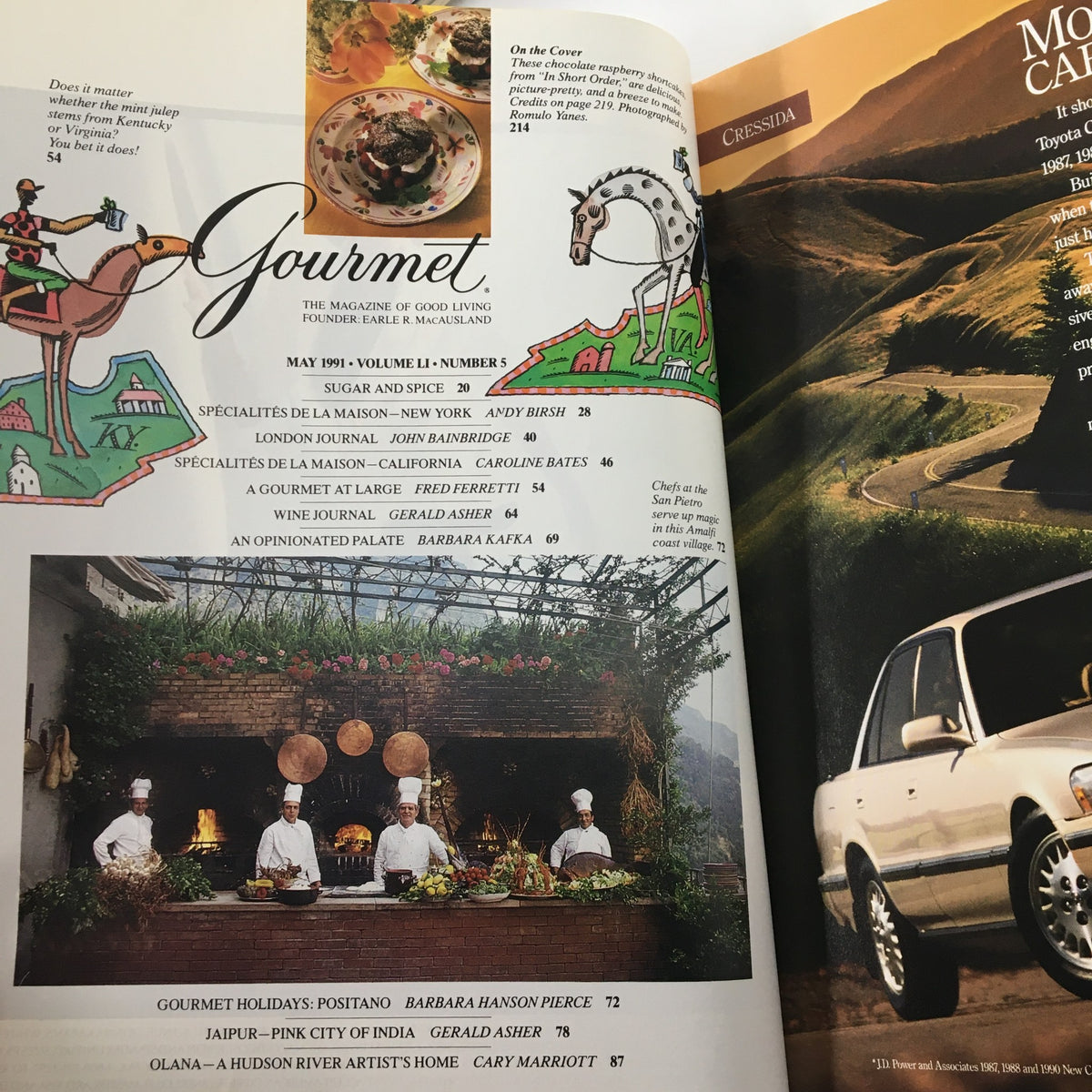 Contents page from Gourmet Magazine May 1991, featuring articles including 'Olana - A Hudson River Artist's Home,' showcasing culinary artistry and gourmet recipes.