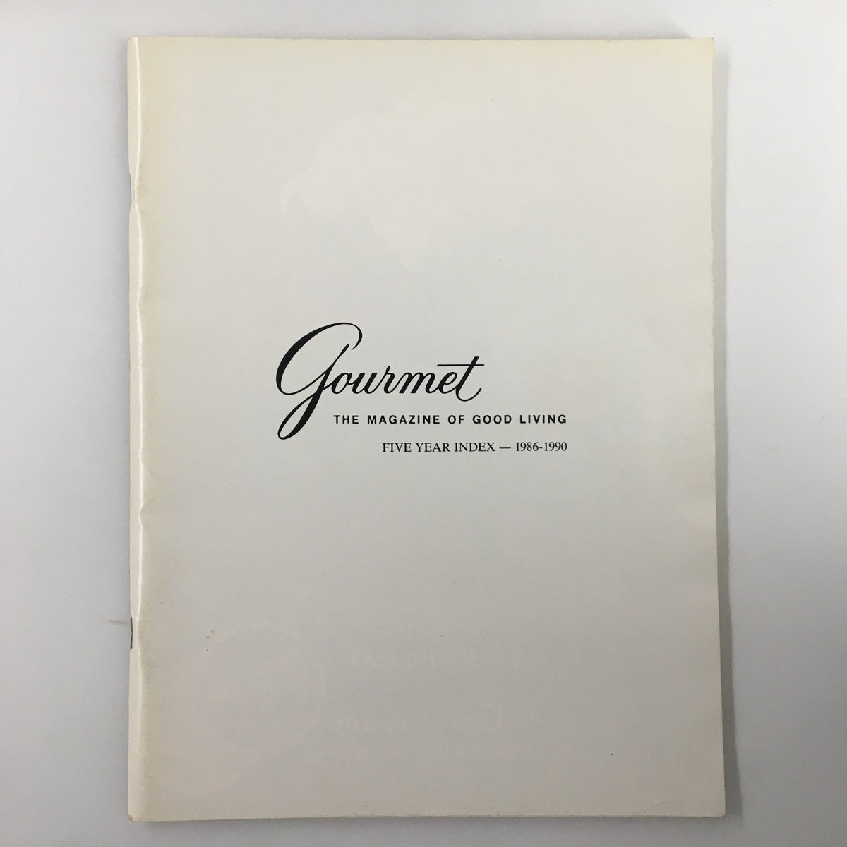 Cover of Gourmet Magazine A Five Year Index of Editorial From 1986-1990 featuring the title in elegant font.