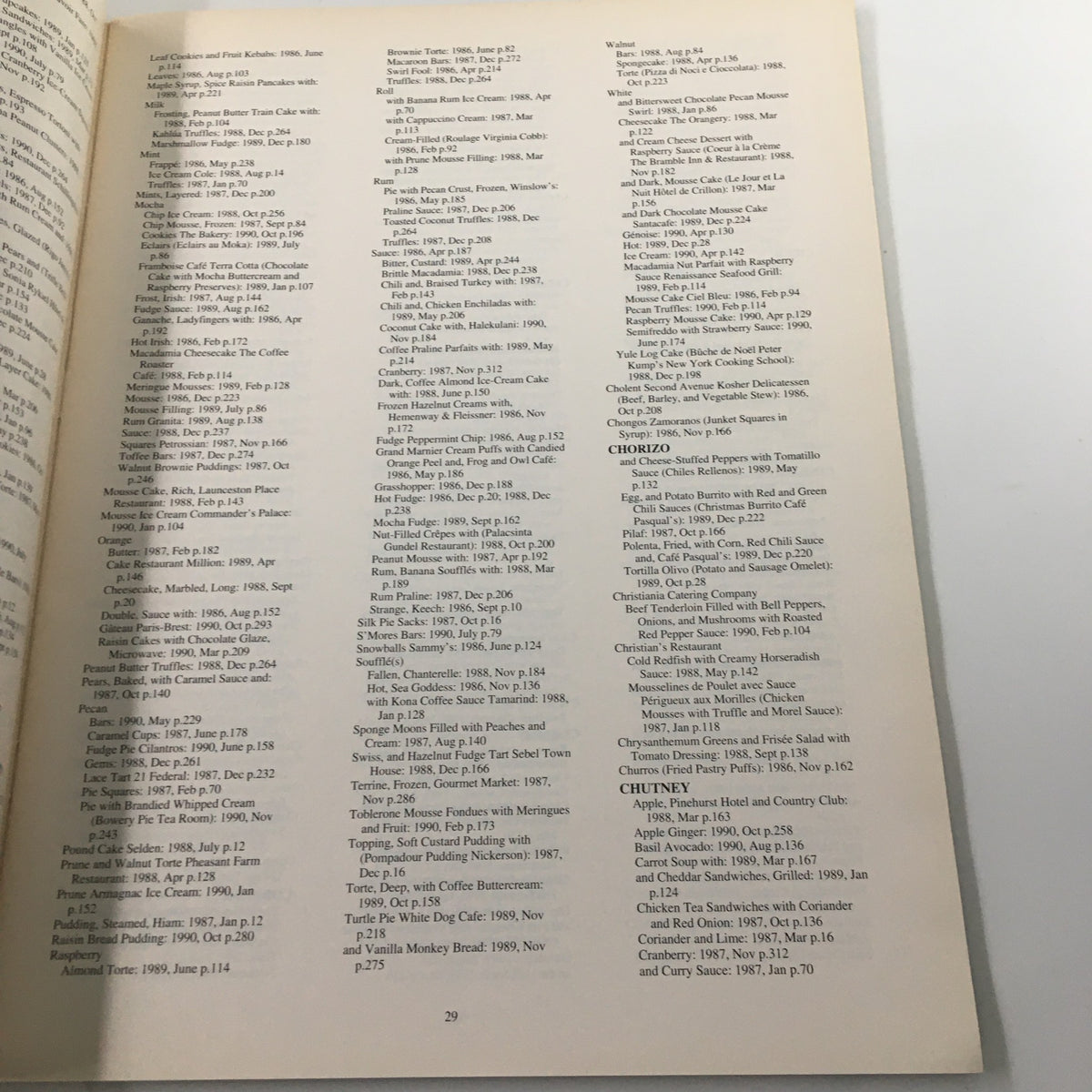 Interior page of Gourmet Magazine A Five Year Index of Editorial From 1986-1990 displaying recipe entries.