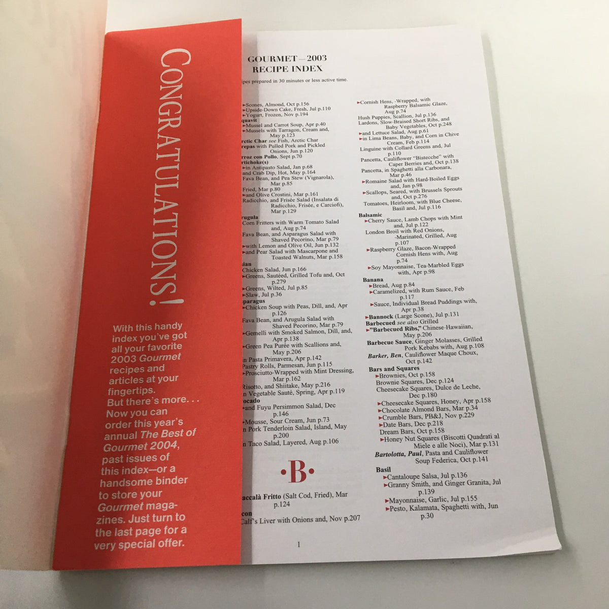 Page from Gourmet Magazine January-December 2003 featuring the Annual Recipe Index with highlighted congratulations message for culinary enthusiasts.