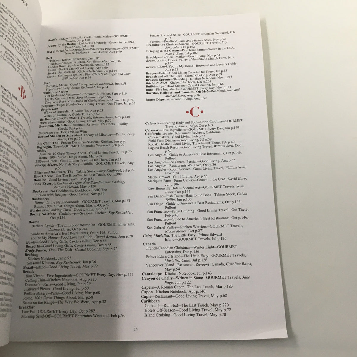 Page from Gourmet Magazine January-December 2003 showcasing the Annual Recipe Index entries listed under the letter 'C', highlighting diverse recipes and gastronomic inspirations.