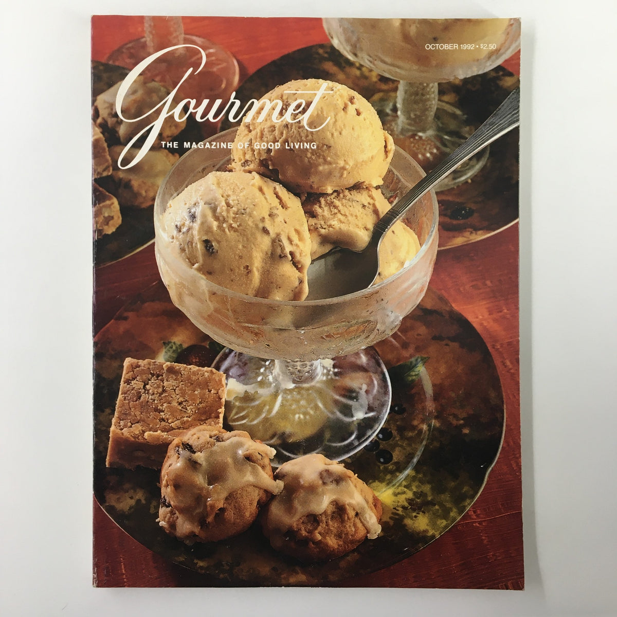 Gourmet Magazine October 1992 featuring a delicious dessert cover photo with ice cream and cookies, showcasing the theme 'Lyons and Its Culinary Lions'.