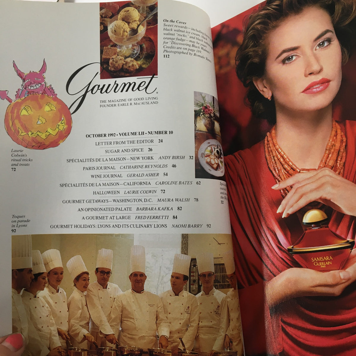 Gourmet Magazine October 1992 table of contents page, highlighting articles including 'Gourmet Holidays: Lyons and Its Culinary Lions' with a visual of chefs and a glamorous featured model.