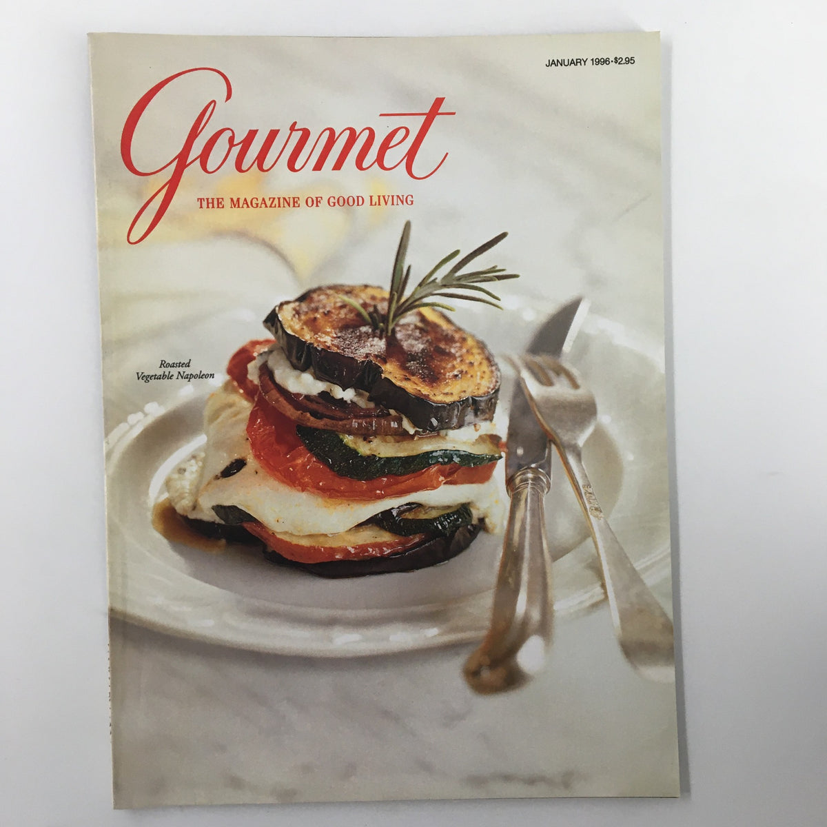 Gourmet Magazine January 1996 cover featuring a Roasted Vegetable Napoleon dish, highlighting the magazine's focus on good living and classic recipes.