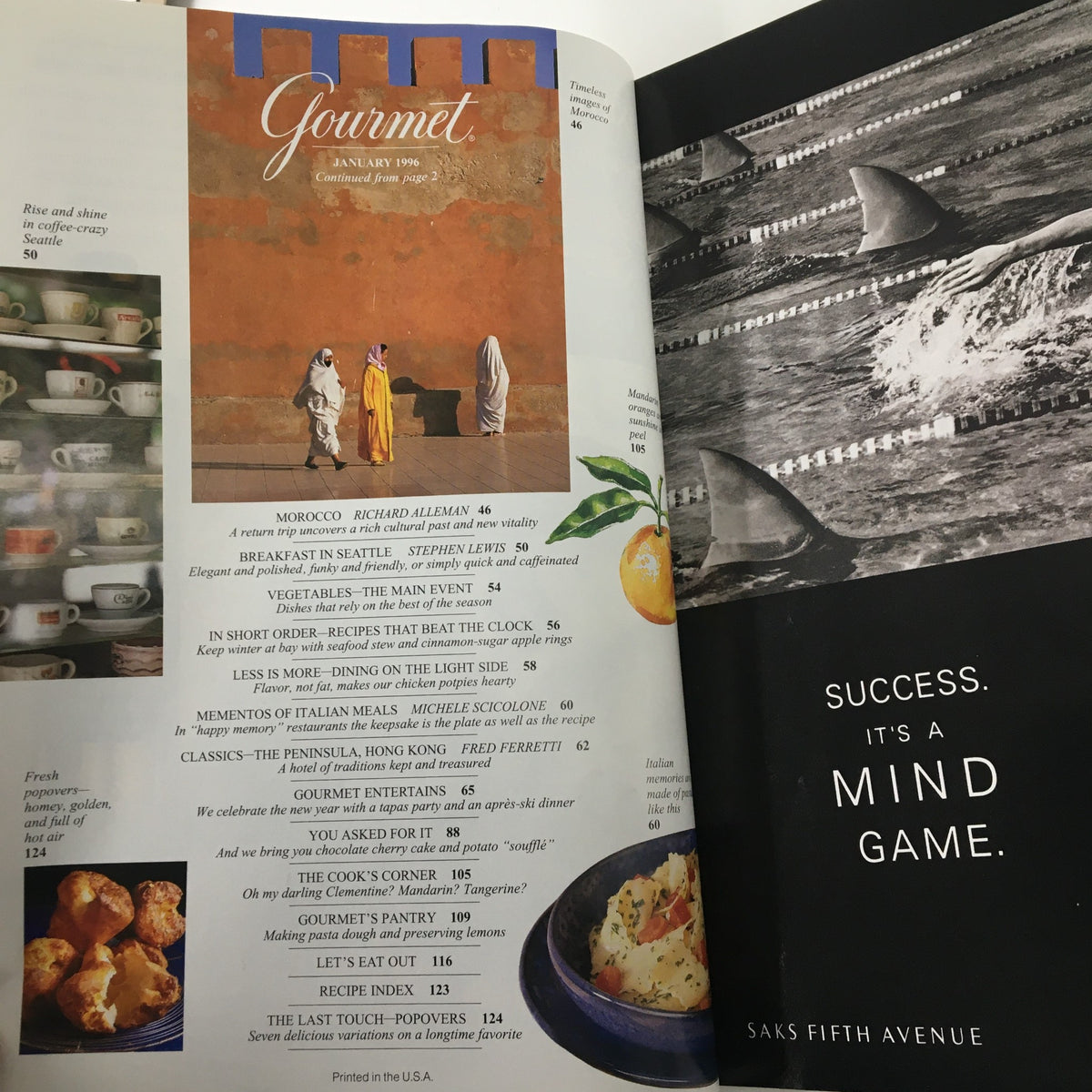 Cover image of Gourmet Magazine, January 1996. Features a vibrant orange background with silhouettes of people in traditional attire, highlighting articles on Moroccan cuisine and dining experiences at The Peninsula, Hong Kong. Text includes titles, author names, and recipe index.