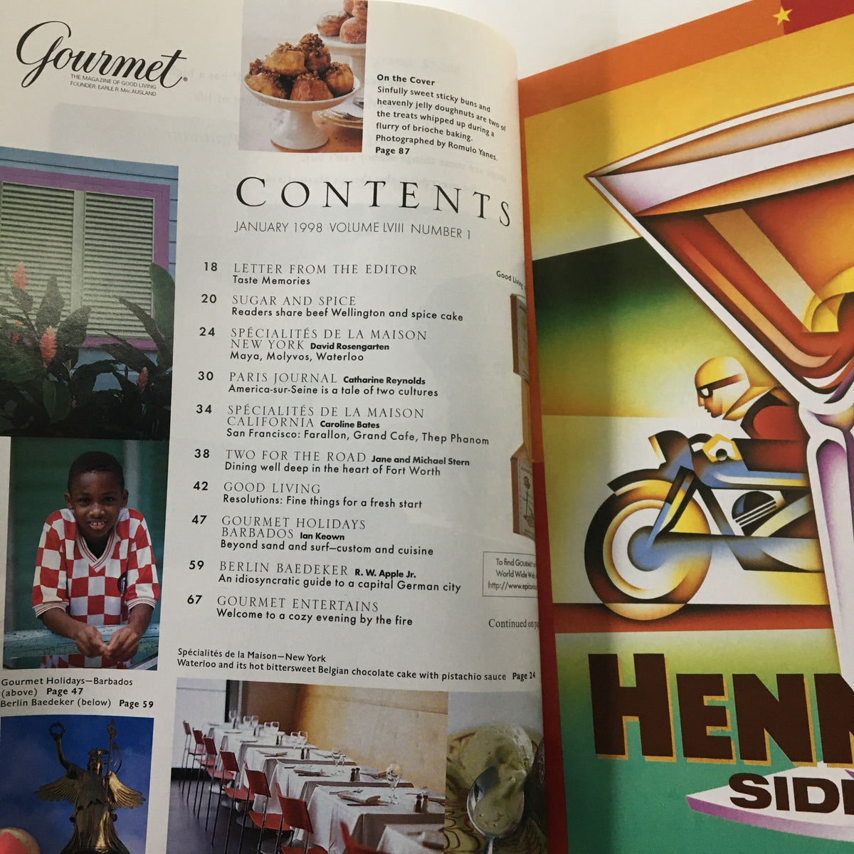 Contents page of Gourmet Magazine January 1998 showcasing articles such as 'Sugar and Spice', 'Specialités de la Maison', and 'Gourmet Entertains'. Title: Gourmet Magazine January 1998 Beyond Sand Surf Custom and Cuisine No Label VG.