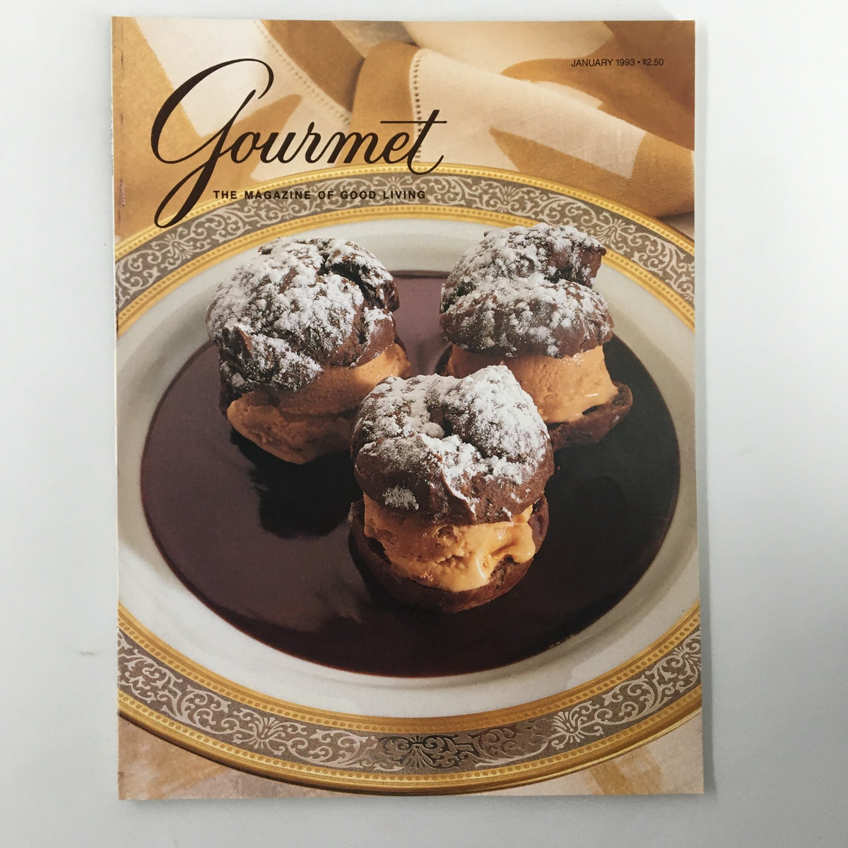 Cover of Gourmet Magazine January 1993 featuring a gourmet dessert of ice cream-filled pastries on an ornate plate, highlighting the theme of Guadeloupe and Martinique holidays.