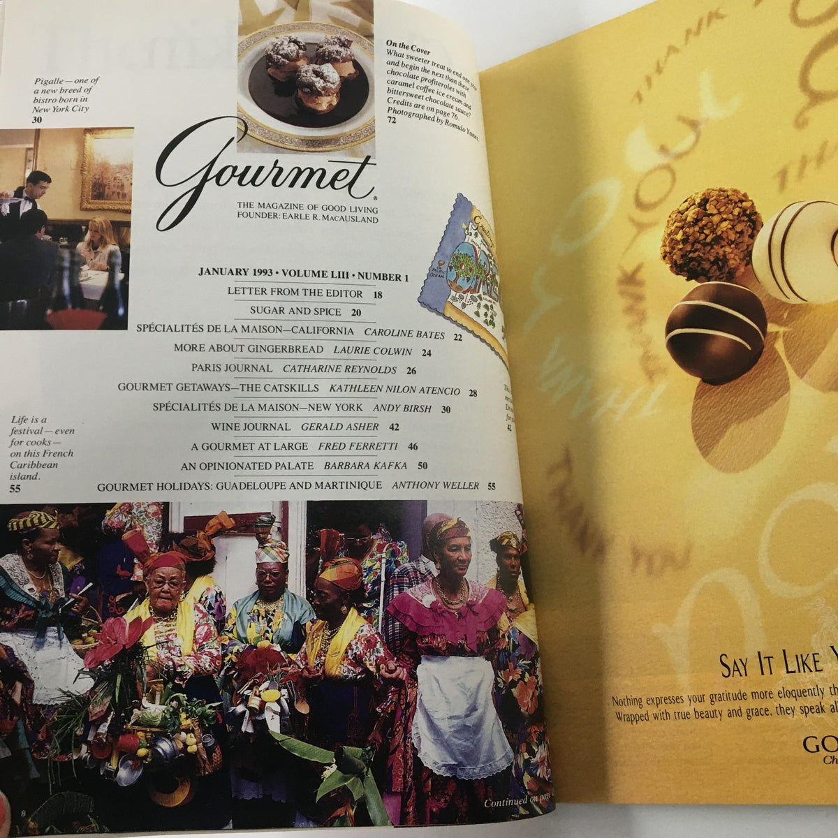 Inside spread of Gourmet Magazine January 1993, showcasing various articles including a colorful cultural feature on Guadeloupe and Martinique holidays, with vibrant images of local traditions and cuisine.