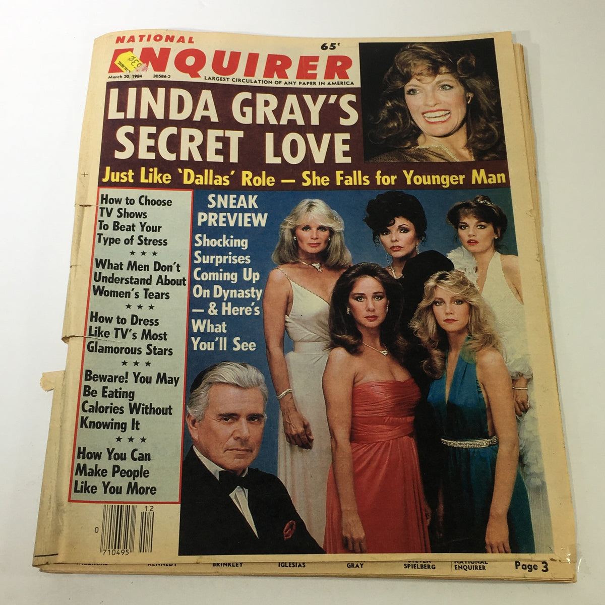 Cover of the National Enquirer Magazine from March 20, 1984 featuring Linda Gray's secret love story, along with a collage of iconic 1980s celebrities.