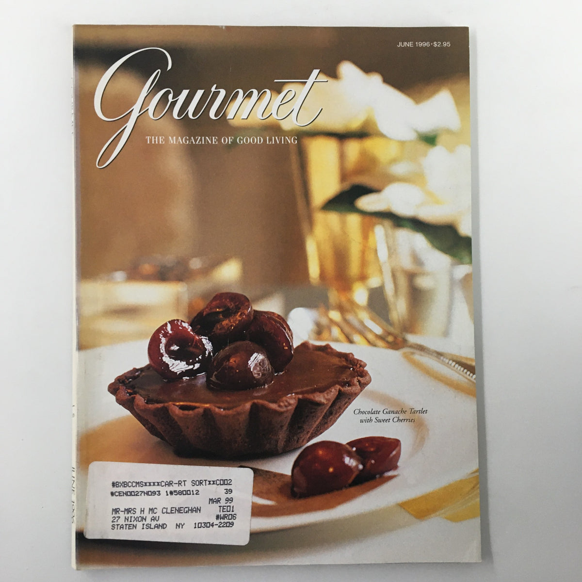 Cover of Gourmet Magazine from June 1996 showcasing a Chocolate Ganache Tartlet with Sweet Cherries, highlighting vintage culinary art and design.
