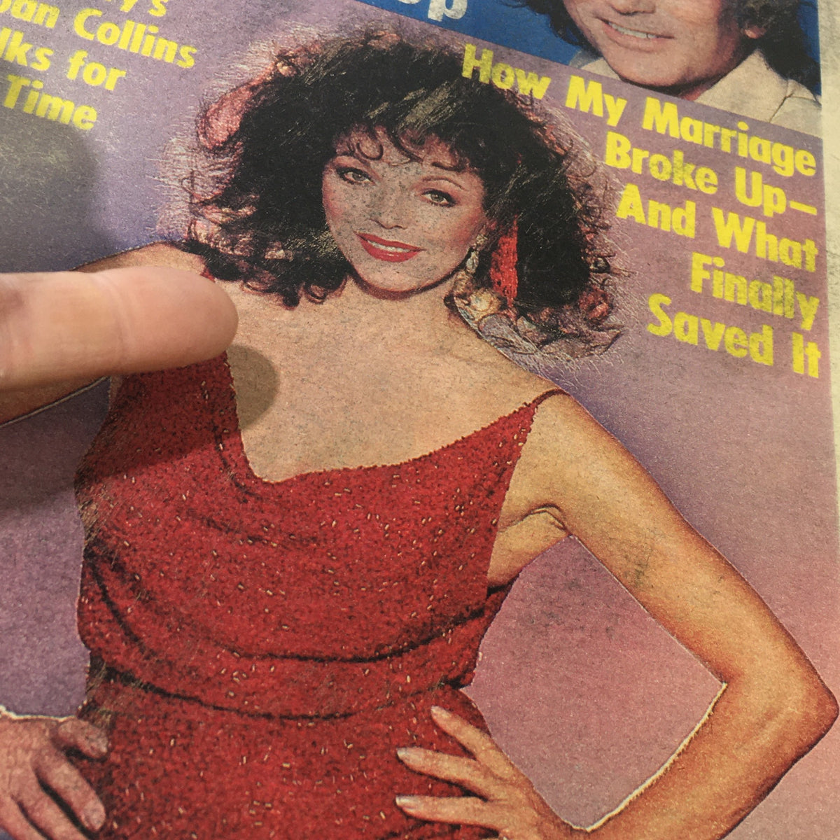 Feature section on the cover of VTG National Enquirer Magazine from August 10, 1982 showcasing Joan Collins with a striking red dress, discussing her marriage and personal life.