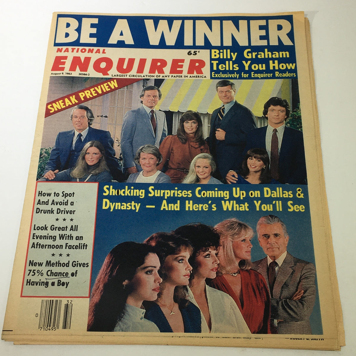 Vintage National Enquirer Magazine from August 9, 1983, featuring Billy Graham on the cover, showcasing headlines about Dallas and Dynasty, alongside tips on drunk driving awareness and beauty advice.