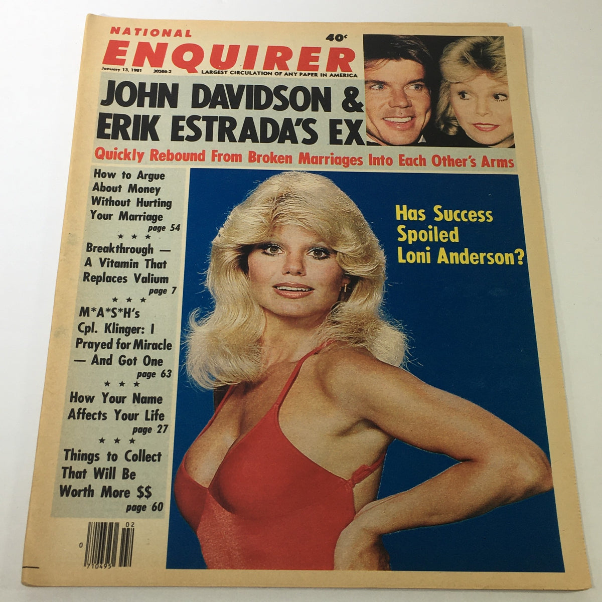 Cover of the VTG National Enquirer Magazine from January 13, 1981, featuring John Davidson and Erik Estrada, showcasing Loni Anderson on the front with engaging headlines about celebrity culture.