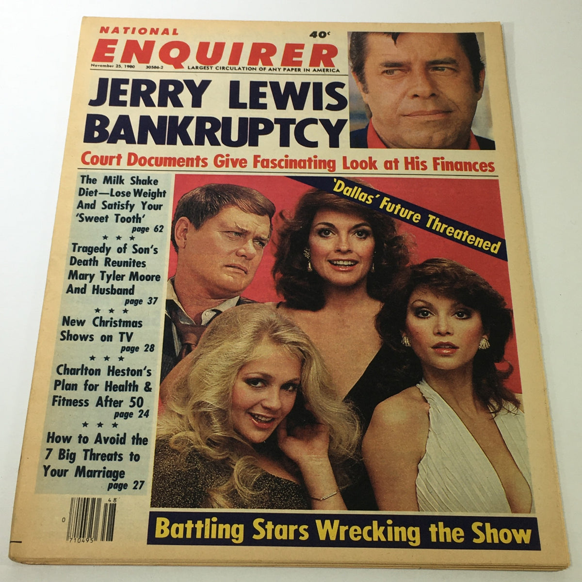 Cover of the VTG National Enquirer Magazine dated November 25, 1980, featuring Jerry Lewis and Charlton Heston, highlighting stories of bankruptcy, health, and celebrity news with images of various iconic figures.