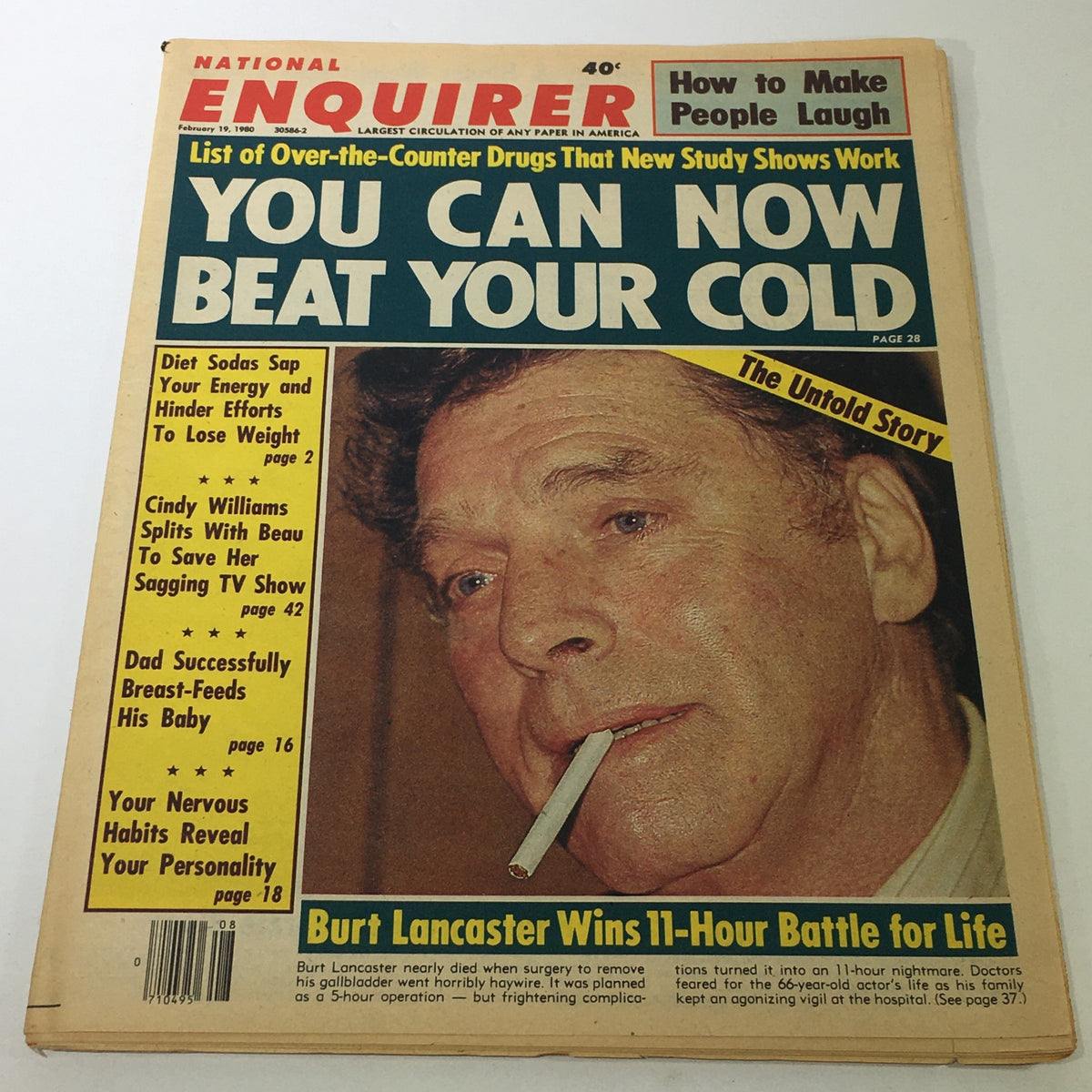 Cover of VTG National Enquirer Magazine from February 19, 1980, featuring Burt Lancaster and headlines about celebrity news including 'You Can Now Beat Your Cold' and 'Cindy Williams Splits With Beau'.