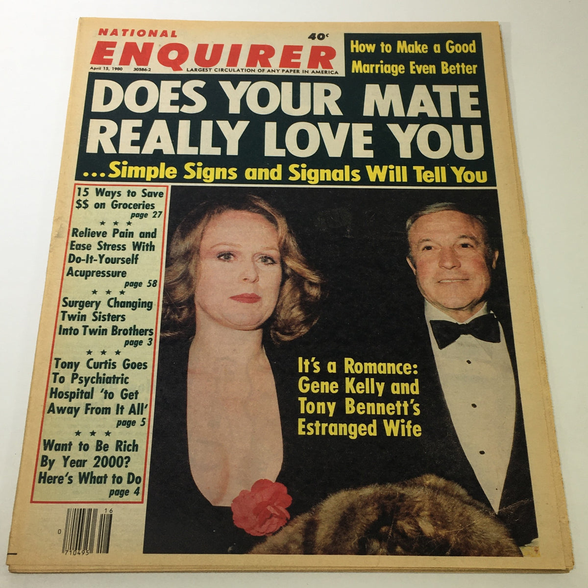Cover of the National Enquirer Magazine, April 15, 1980 featuring the title 'Does Your Mate Really Love You' with headlines about marriage advice, various articles, and a photograph of Gene Kelly and Tony Bennett's estranged wife.