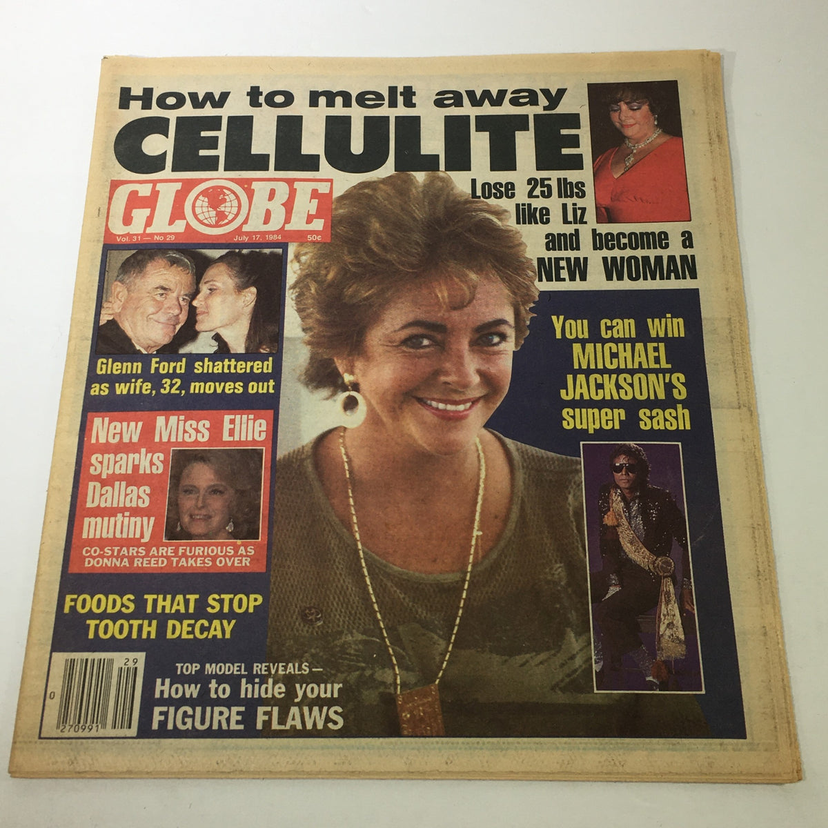 Cover of Globe Magazine, July 17, 1984, Volume 31, No. 29 featuring Glenn Ford and Michael Jackson, highlighting articles on cellulite, celebrity news, and wellness tips.