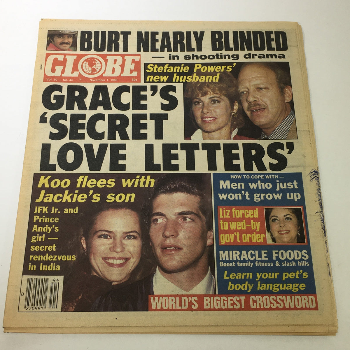 Cover of VTG Globe Magazine November 1, 1983, Vol. 33 #44 featuring Stefanie Powers, JFK Jr., and Andy. The magazine includes headlines on various celebrity stories and topics from pop culture.