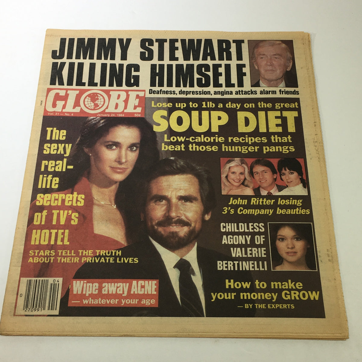 Cover of VTG Globe Magazine January 24, 1984, Vol. 31 #4 featuring headlines about Jimmy Stewart and John Ritter, along with images of TV personalities and promotion for a soup diet.
