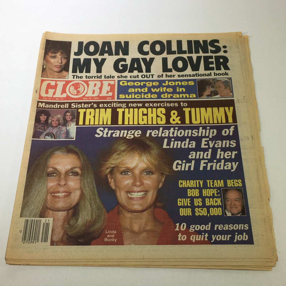 Cover of VTG Globe Magazine May 22 1984, Vol. 31 #21 featuring Joan Collins, George Jones, and the Mandrell Sisters with headlines about celebrity news and health tips.