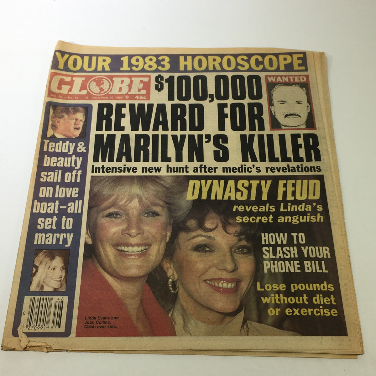 Cover of VTG Globe Magazine November 30, 1982, Vol. 29 #48 featuring Linda Evans and Joan Collins. Headline includes $100,000 reward for Marilyn's killer and articles on Dynasty feud and love boat.