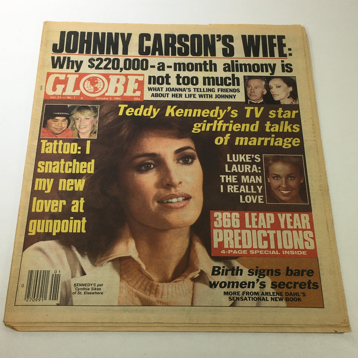 Vintage Globe Magazine January 3, 1984, Vol. 31 #1 featuring Teddy Kennedy and Cynthia Sikes on the cover with headlines about celebrity news and predictions.