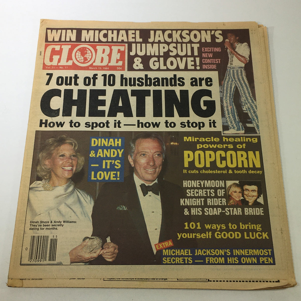 Cover of VTG Globe Magazine March 13 1984 Vol. 31 #11 featuring Dinah Shore and Andy Williams, highlighting articles about relationships and various entertainment topics.