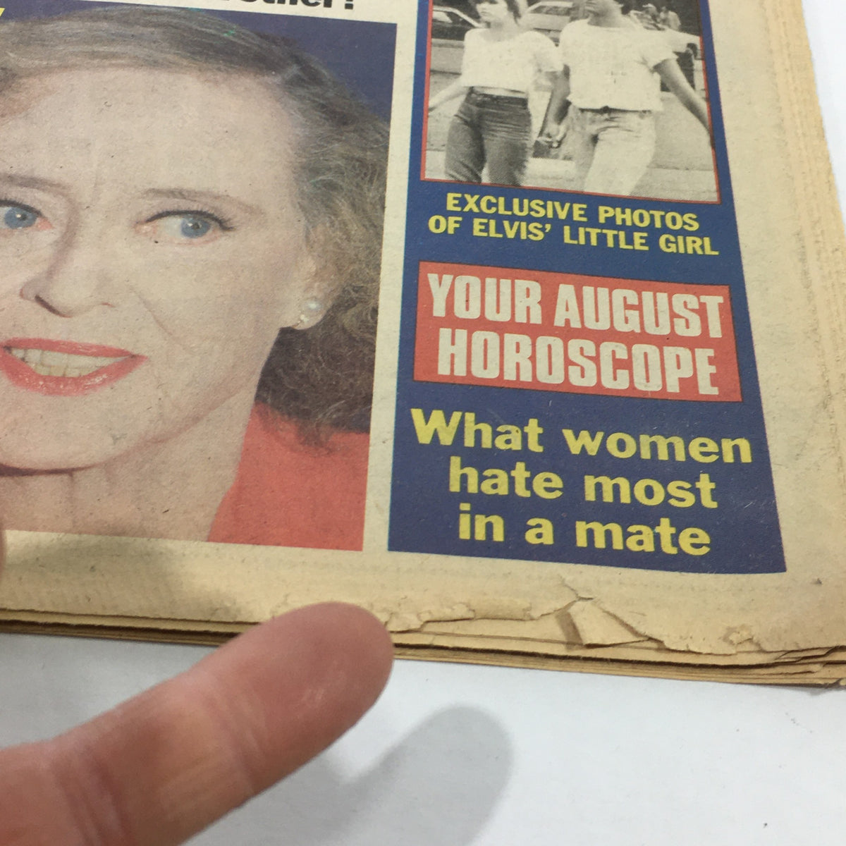 Close-up of Bette Davis on the cover of VTG Globe Magazine, August 2, 1983, Vol. 30 #31. The cover highlights horoscopes and includes a faded tear on the edge of the magazine.