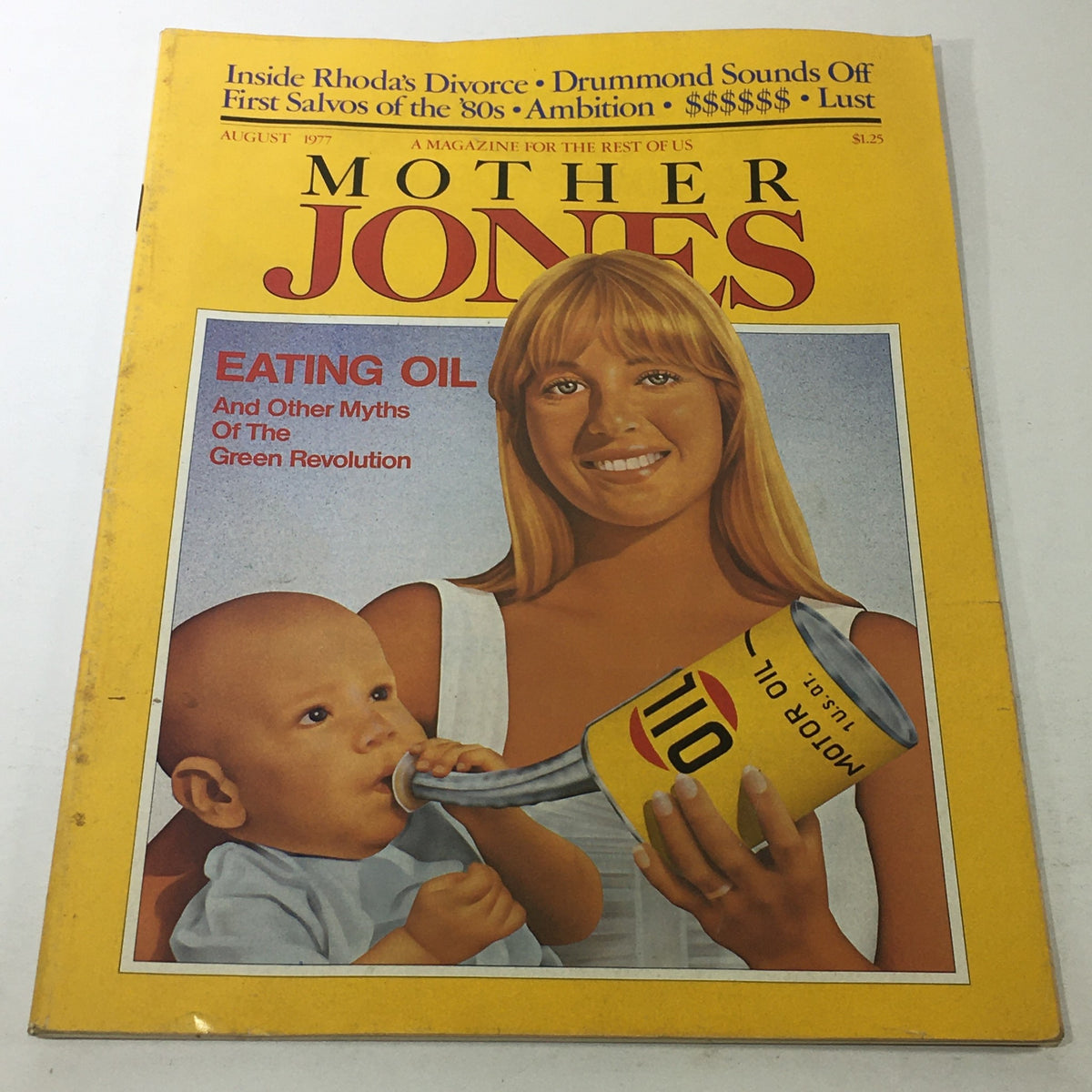 Cover of VTG Mother Jones Magazine: August 1977 featuring the article 'Eating Oil' and a striking illustration of a woman with a child, highlighting cultural themes of the 1970s.