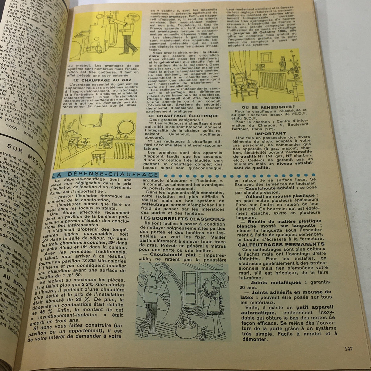 Inside informative page from the VTG Modes Travaui Catalog: October 1966, detailing home heating solutions with colorful illustrations and practical advice.