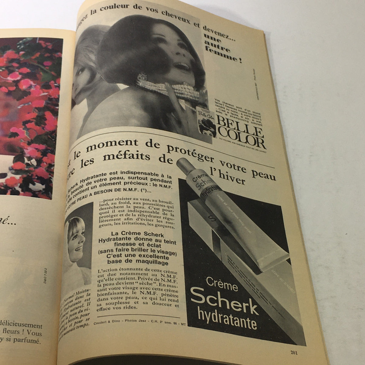 Inside advertisement page from the VTG Modes Travaui Catalog: October 1966, promoting Belle Color hair care products with stylish models and elegant visuals.
