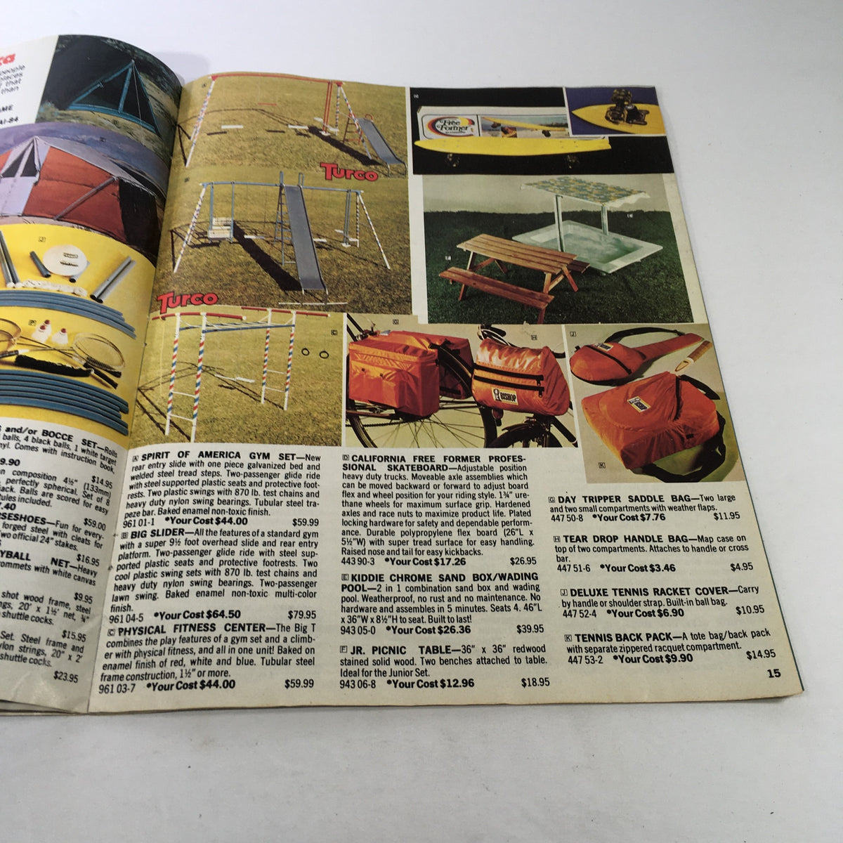 Page from VTG Boardman Ltd. Price Guide Catalog Spring & Summer 1976 showing sports equipment including a gym set and picnic table.