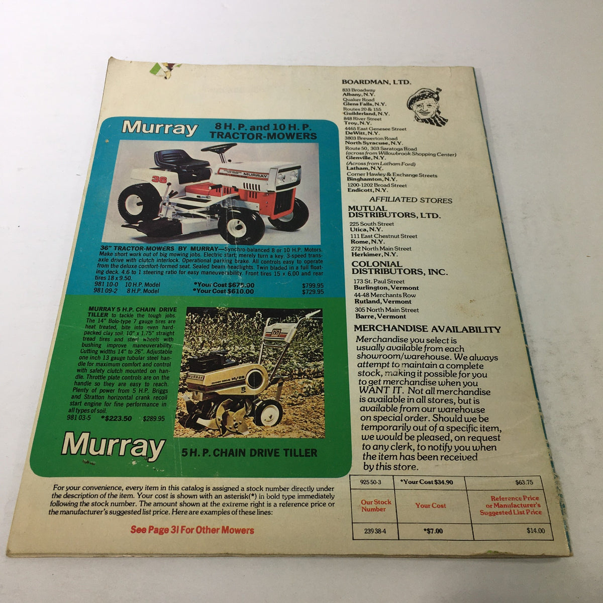 VTG Boardman Ltd. Price Guide Catalog Spring & Summer 1976 Super Scramper showcasing a page of Murray tractor mowers with product details and pricing information.