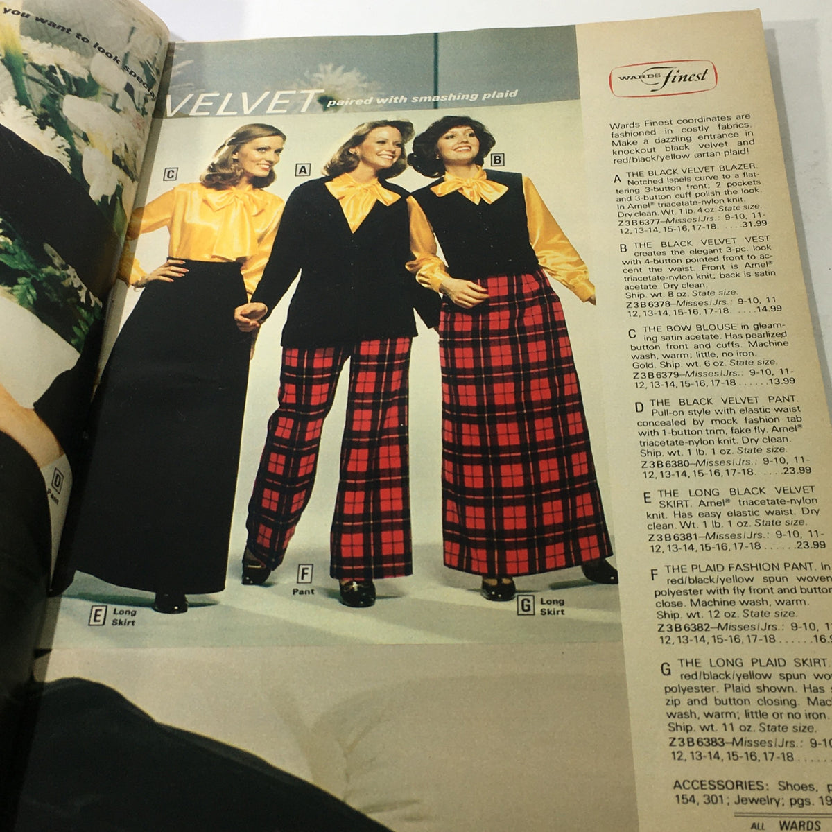 VTG Montgomery Ward Store Guide Catalog Fall & Winter 1976 showcasing stylish women’s fashion with black velvet and plaid outfits, including skirts and blouses.