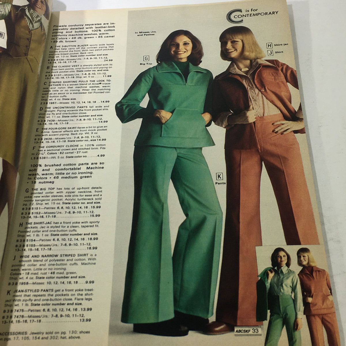 VTG Montgomery Ward Store Guide Catalog Fall & Winter 1976 featuring contemporary women’s fashion, including colorful corduroy suits and stylish ensembles.