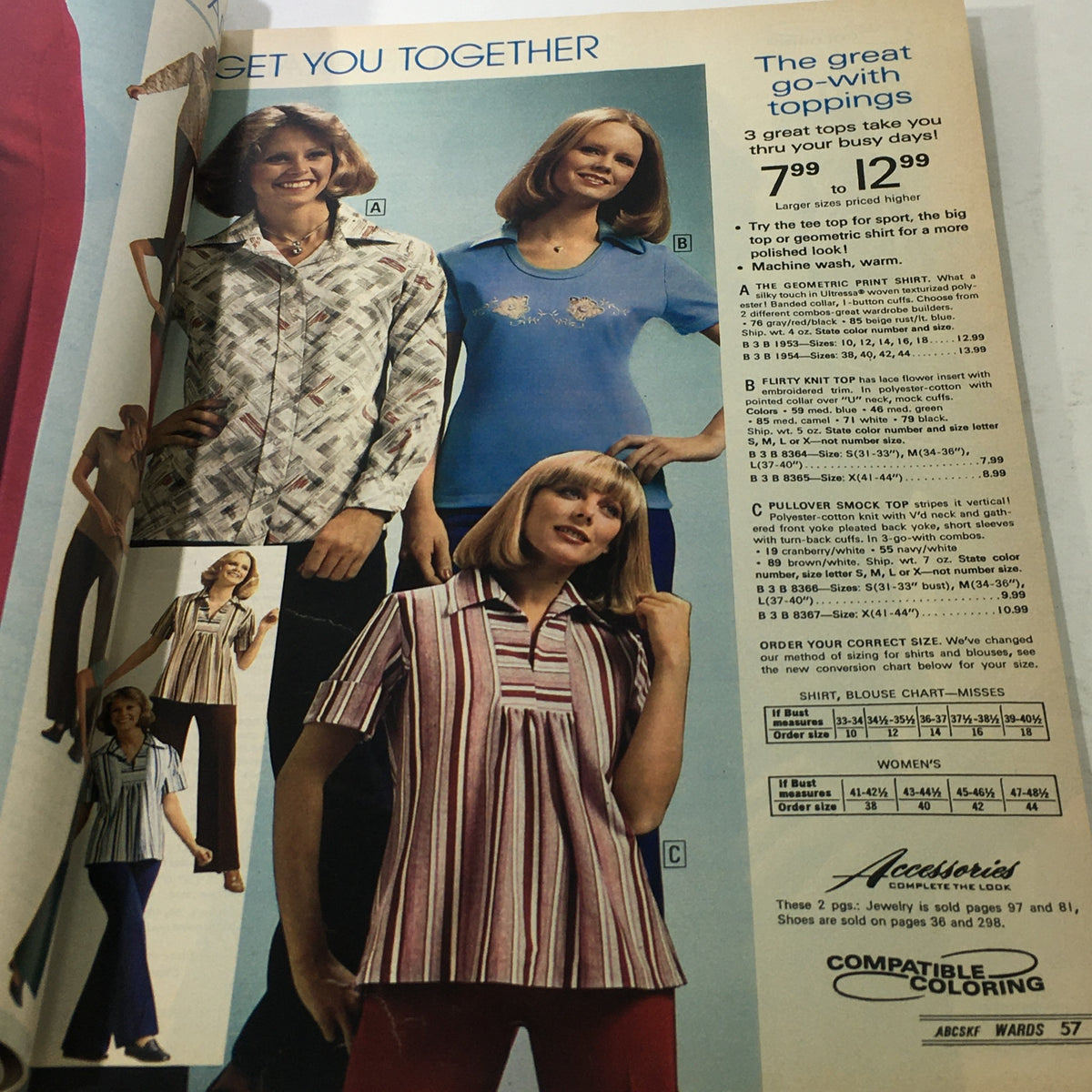 VTG Montgomery Ward Store Guide Catalog Fall & Winter 1976 exhibiting casual women's tops, including floral and striped designs, perfect for daily wear.