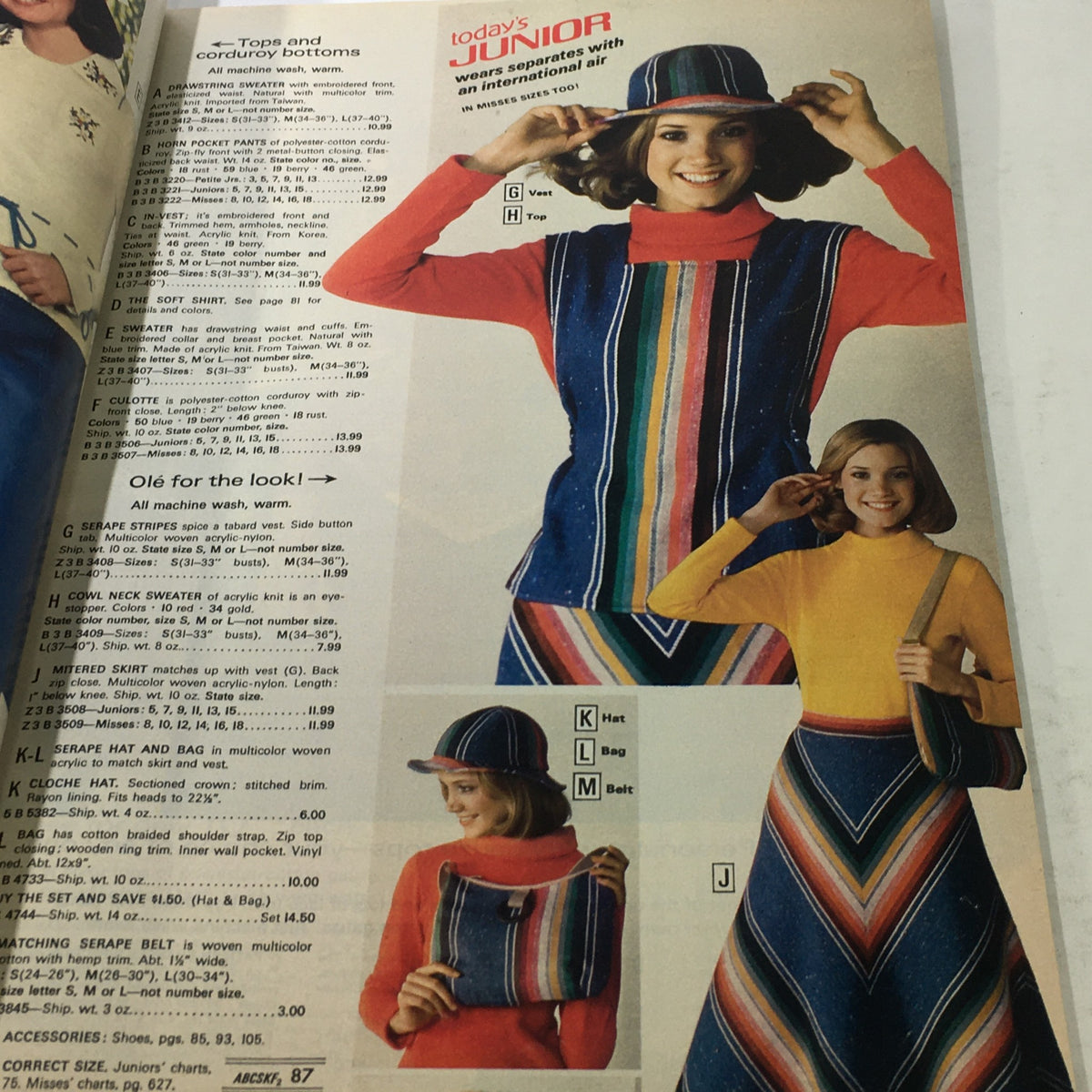 VTG Montgomery Ward Store Guide Catalog Fall & Winter 1976 emphasizing junior-sized outfits, showcasing a vibrant striped dress and matching accessories.