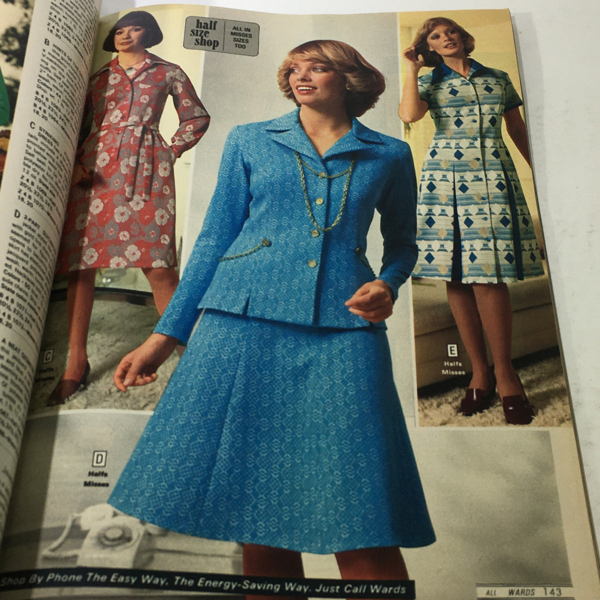 VTG Montgomery Ward Store Guide Catalog Fall & Winter 1976 presenting stylish half-size dresses, featuring floral patterns and tailored designs perfect for various occasions.
