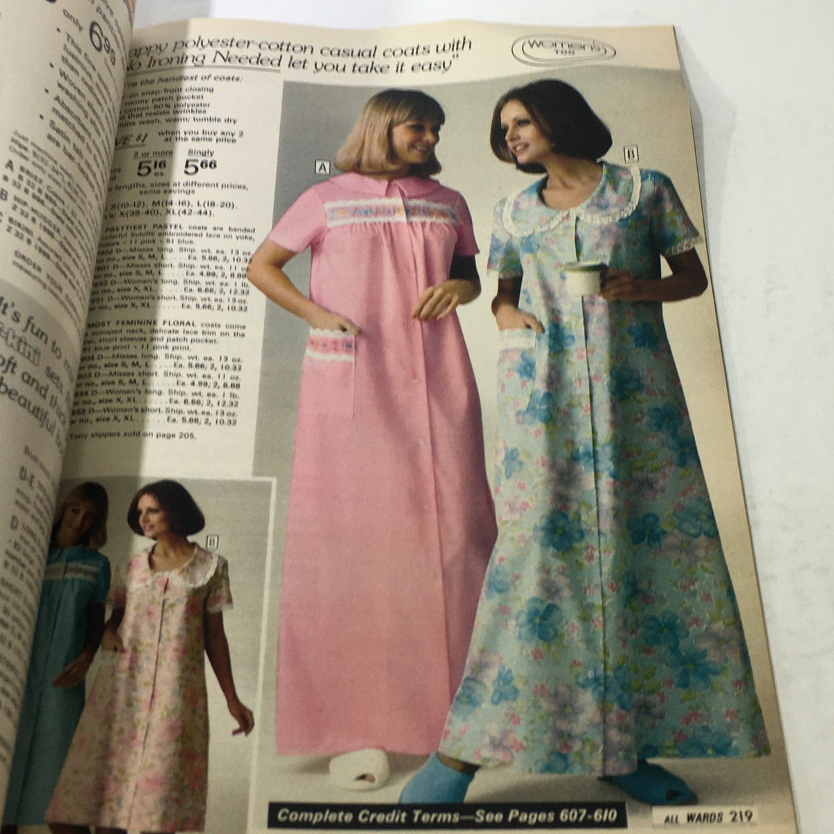 VTG Montgomery Ward Store Guide Catalog Fall & Winter 1976 featuring models showcasing polyester-cotton casual coats in pink and floral designs, embodying Wards Finest Clothes collection.
