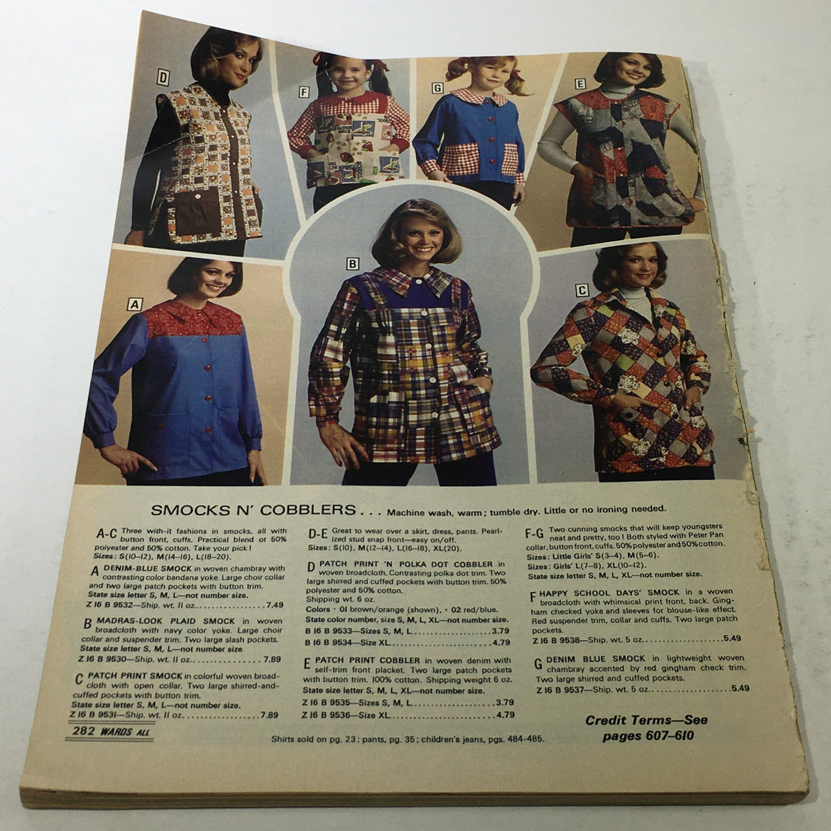 VTG Montgomery Ward Store Guide Catalog Fall & Winter 1976 displaying a selection of smocks and cobblers with colorful patterns, suitable for casual wear, from Wards Finest Clothes.