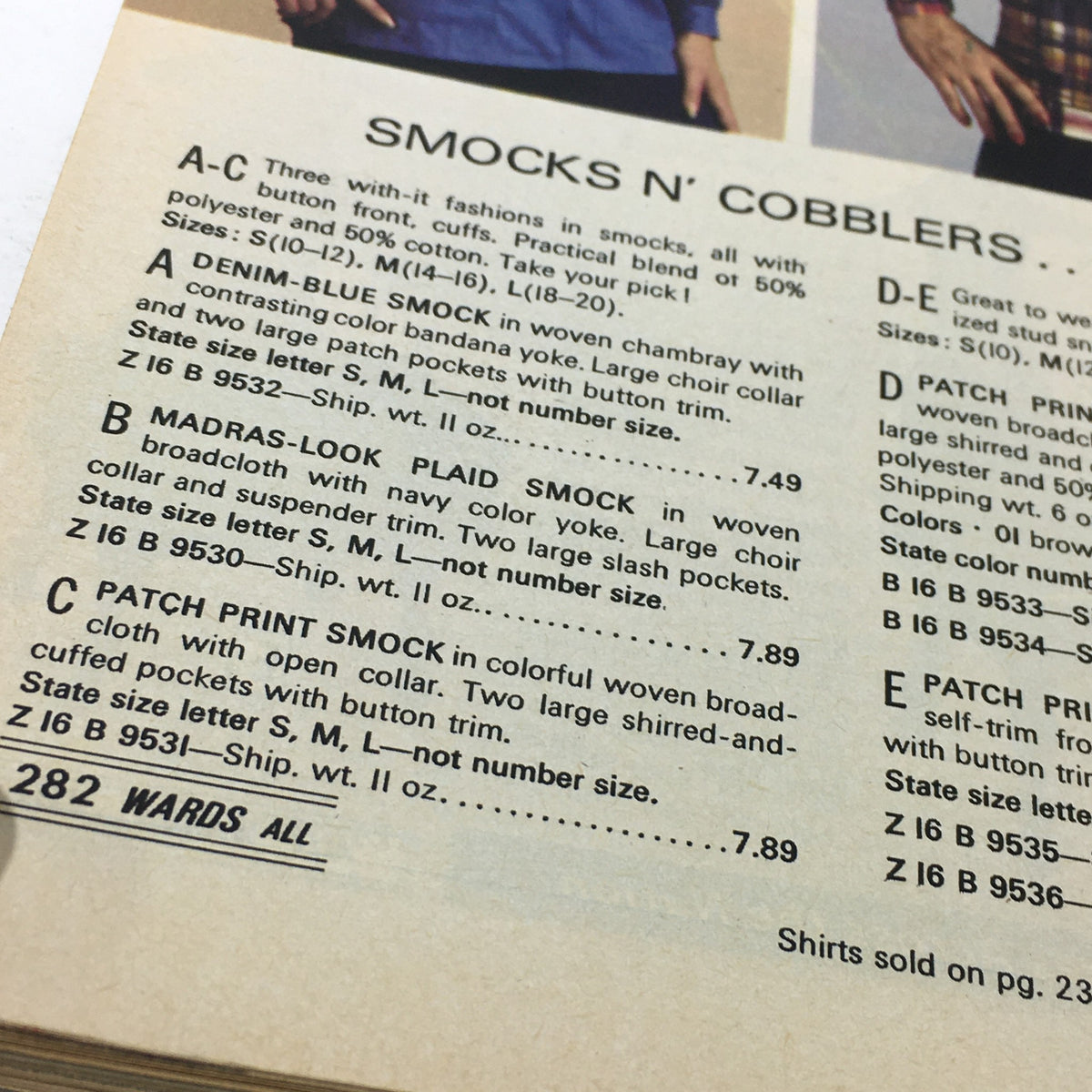 Close-up view of various smocks from the VTG Montgomery Ward Store Guide Catalog Fall & Winter 1976, highlighting details such as pockets and collar styles from Wards Finest Clothes.