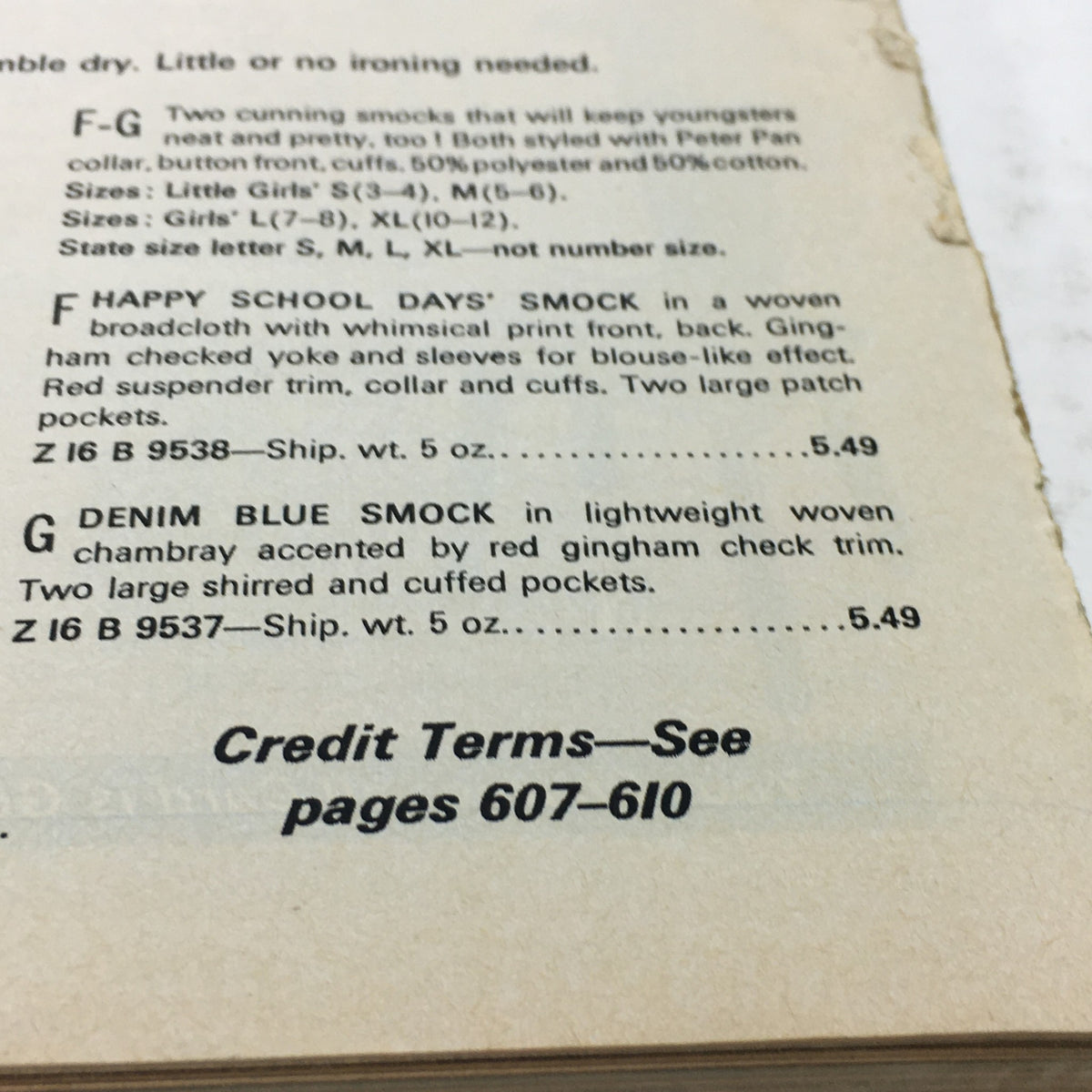 Detail view from the VTG Montgomery Ward Store Guide Catalog Fall & Winter 1976 featuring pricing and descriptions for children's smocks, part of Wards Finest Clothes.