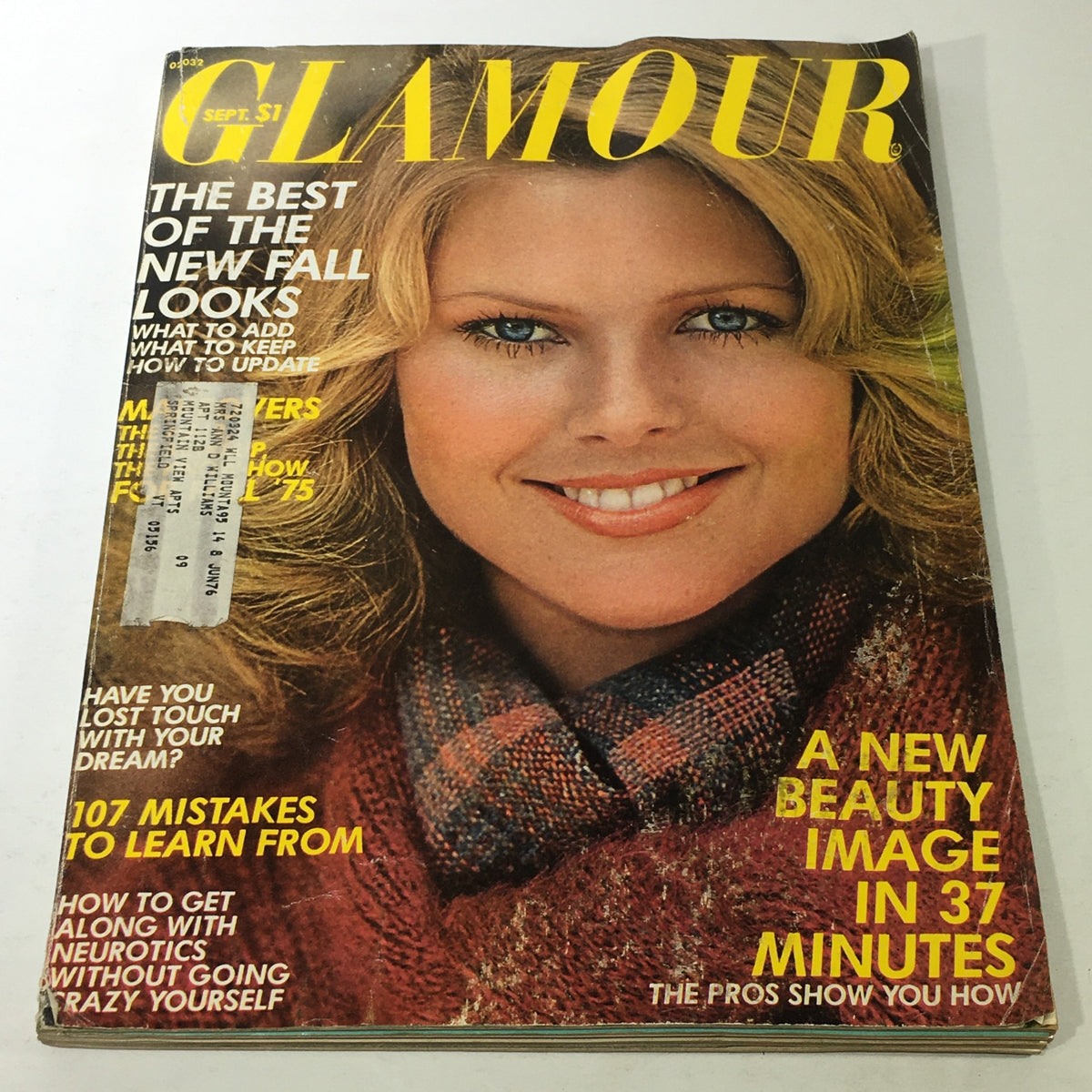 Vintage Glamour Magazine Cover featuring Christie Brinkley, September 1975 issue, showcasing nostalgic fashion and beauty trends of the 1970s.
