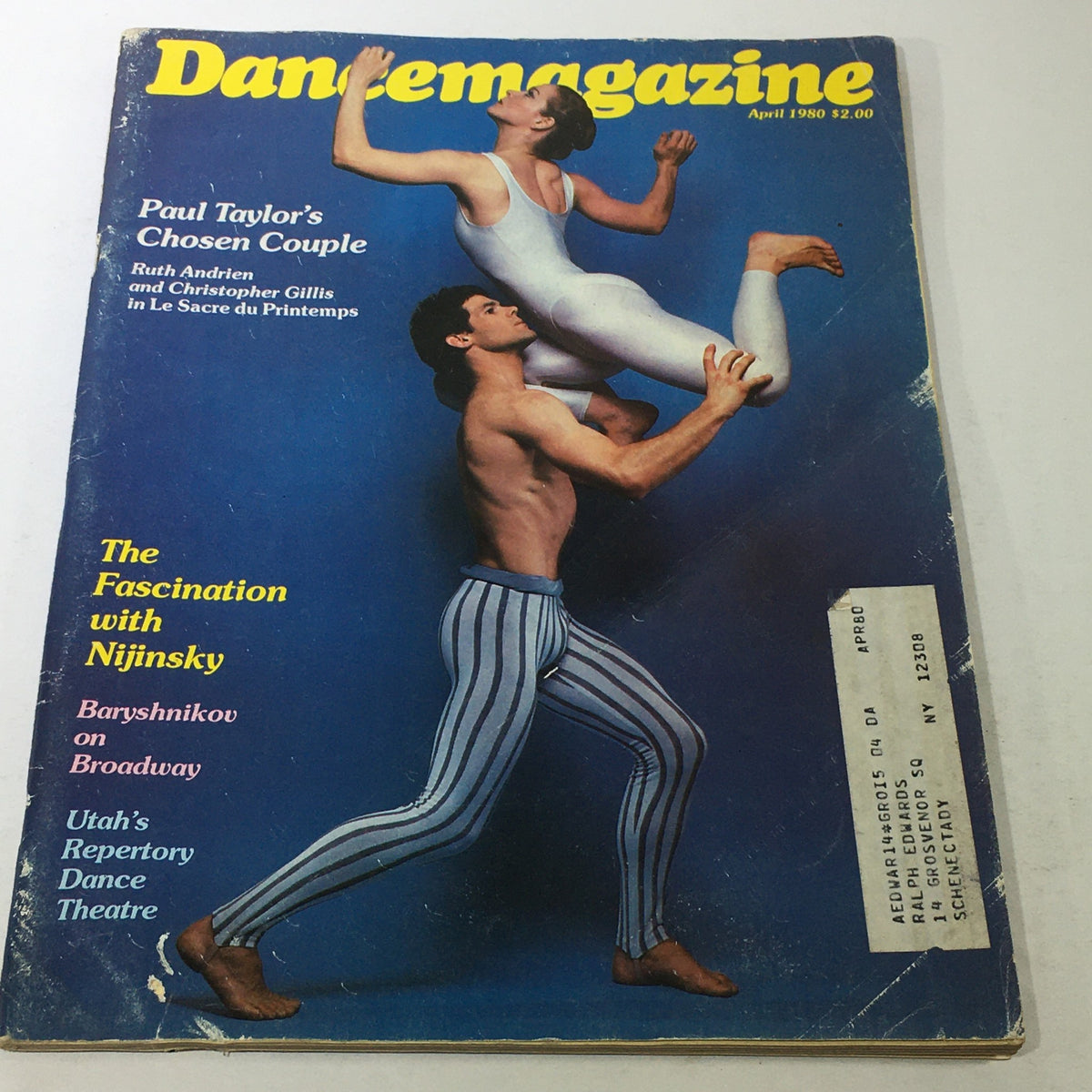 Cover of VTG Dance Magazine: April 1980 featuring Ruth Andrien and Christopher Gillis in a dance pose, highlighting their performance and the vibrant era of dance history.