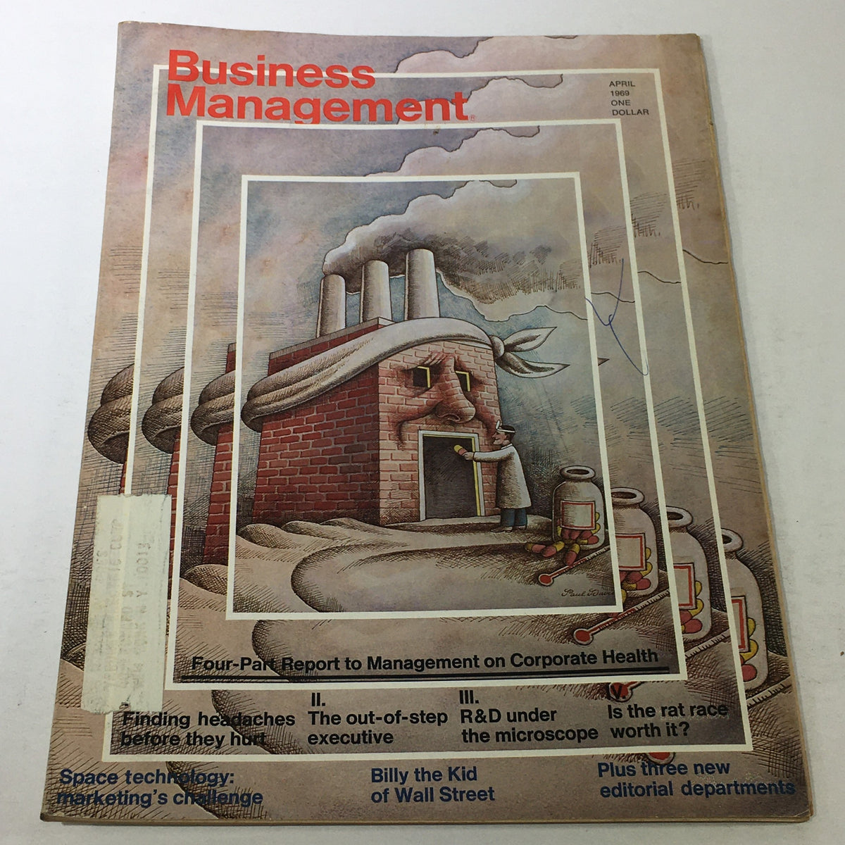 Cover of the VTG Business Management Magazine from April 1969, featuring the title 'Billy The Kid Of Wall Street', with a colorful illustration depicting a factory with a unique face, indicative of the magazine's focus on business management and corporate health.