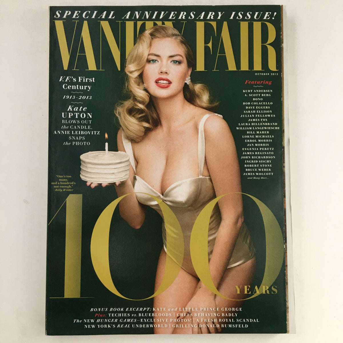 Cover of Vanity Fair Magazine, October 2013 featuring Kate Upton, photographed by Annie Leibovitz, highlighting the special anniversary issue and celebrating 100 years of the magazine.