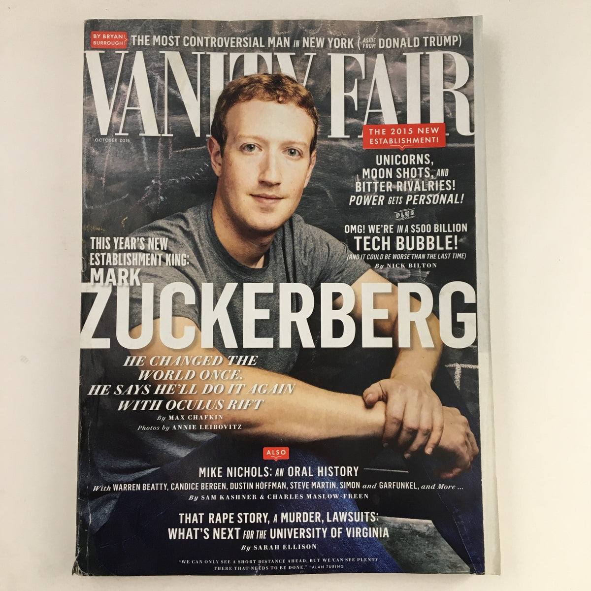 Cover of Vanity Fair magazine, October 2015, featuring Mark Zuckerberg, highlighting his impact as a pivotal figure in the tech industry during the digital age.