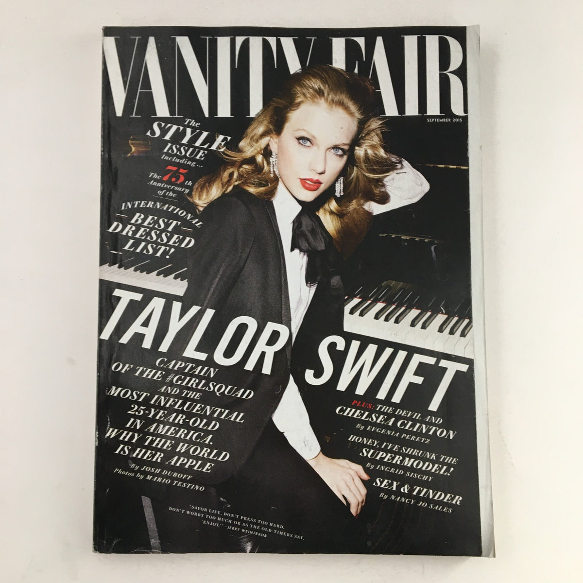 Vanity Fair Magazine September 2015 featuring Taylor Swift and Chelsea Clinton on the cover, showcasing a stylish design and thematic focus on music and politics.