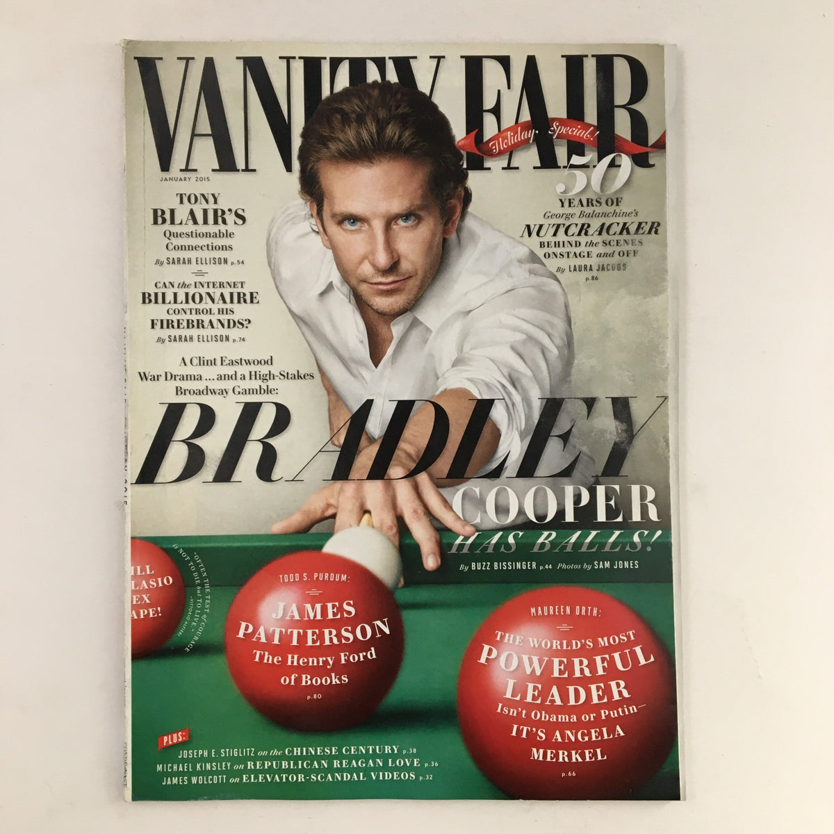 Vanity Fair Magazine January 2015 cover featuring actor Bradley Cooper with the headline 'Bradley Cooper Has Balls!', showcasing a striking portrait and additional headlines about Tony Blair and other notable figures, ideal for collectors.
