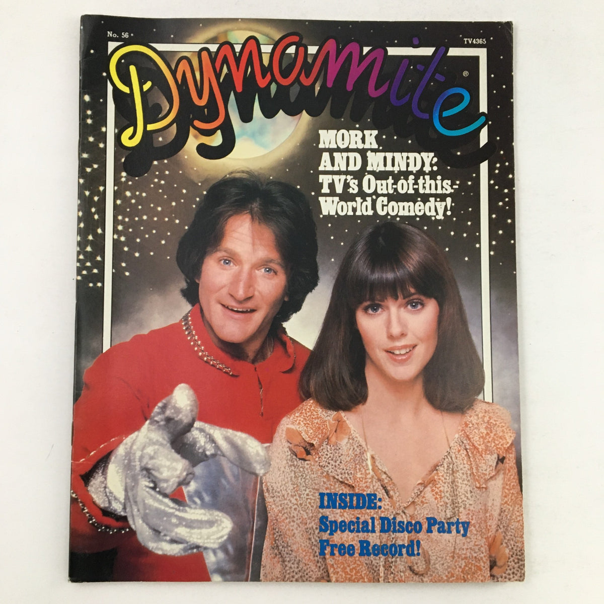 Cover of VTG Dynamite Magazine 1979 #56 featuring Mork and Mindy, highlighting the show's out-of-this-world comedy with vibrant colors and iconic characters. Perfect for collectors of vintage television memorabilia.